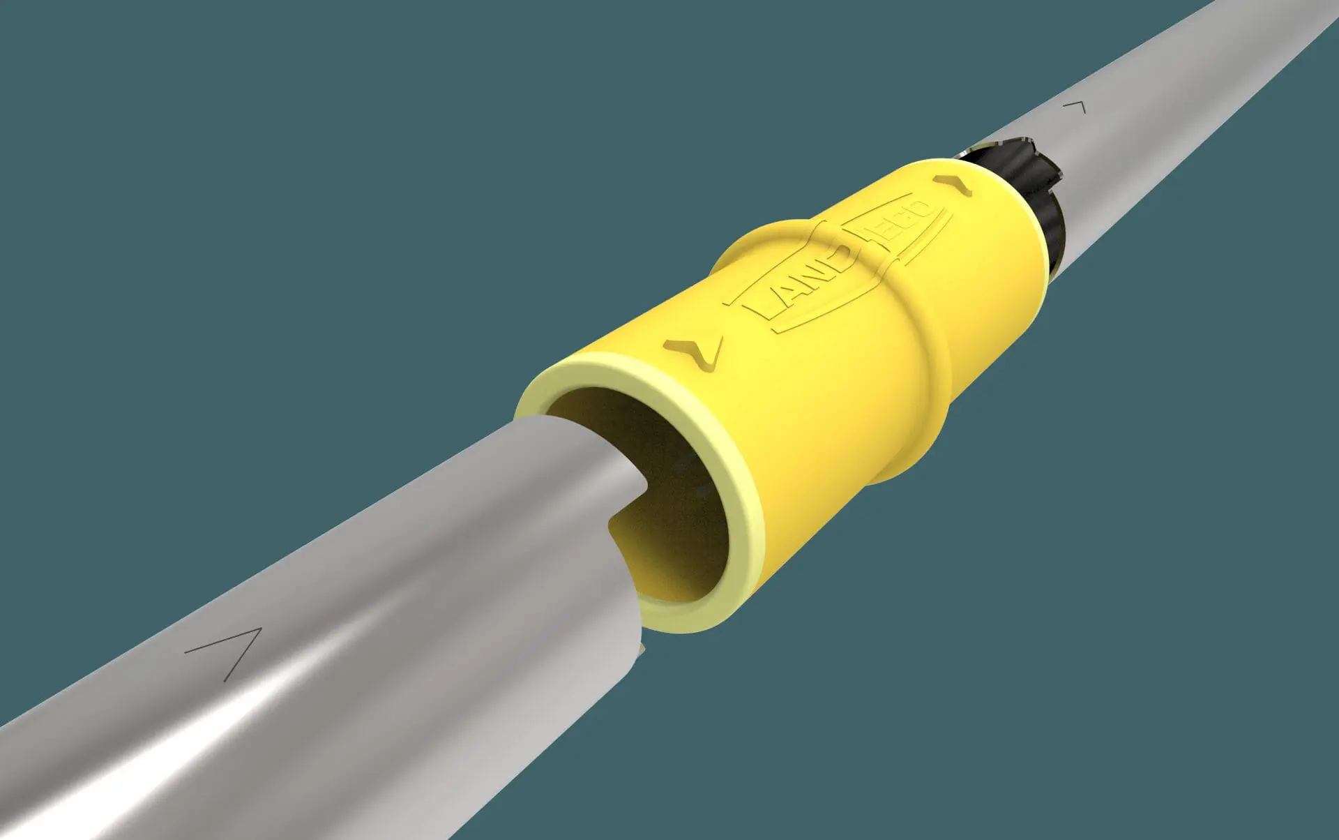Gul Safe Connector rørkobling til præcis justering af foderlinjer i fjerkræstalde.