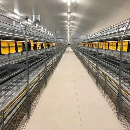 Interior view of a LANDMECO multi-tiered layer aviary system designed for cage-free poultry farming efficiency.