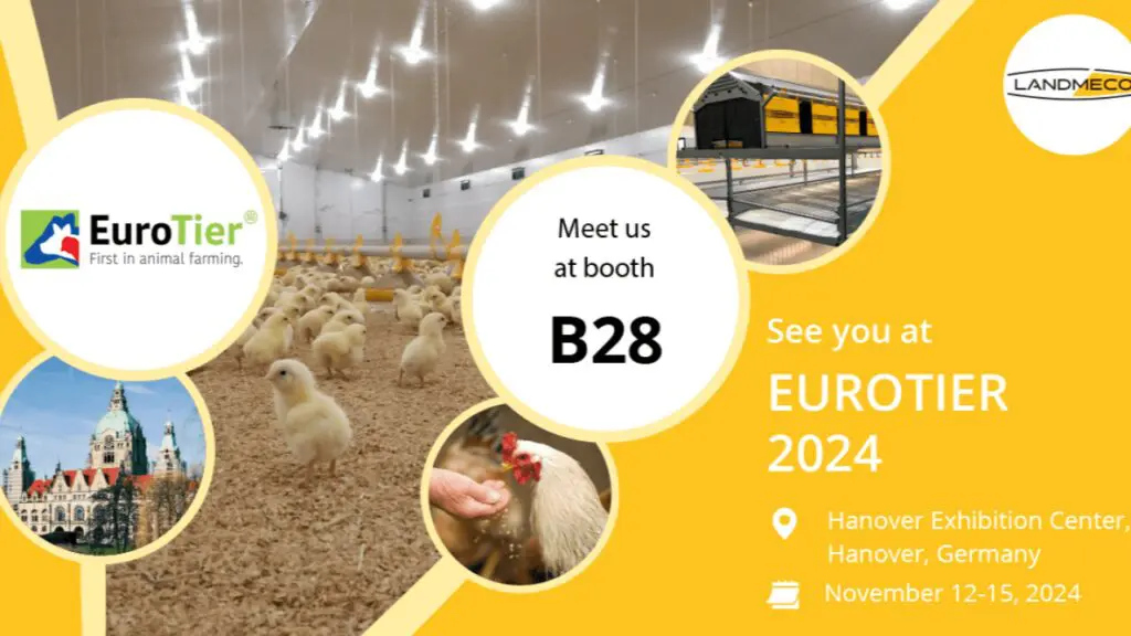 LANDMECO invitation for EuroTier 2024 featuring broiler chicks, aviary systems, and event details for Booth B28.