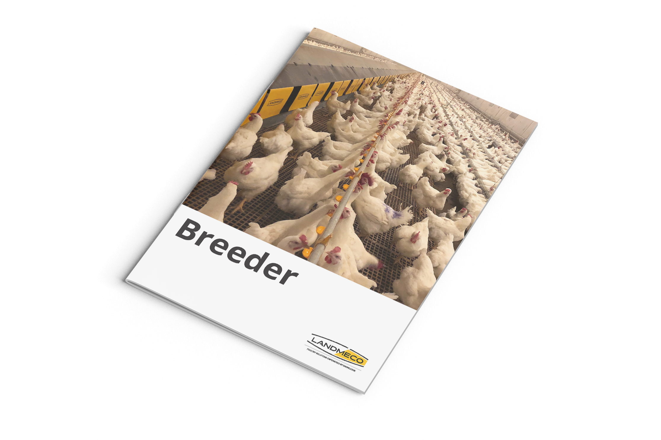 Brochure cover titled 'Breeder' by LANDMECO, showing white chickens in a modern poultry breeder house system.