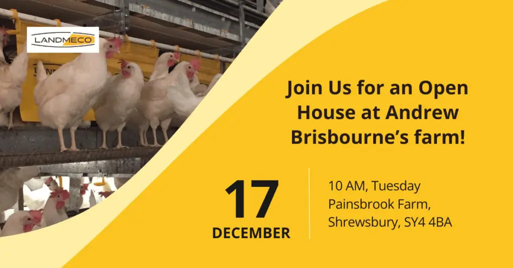 Invitation to LANDMECO open house at Painsbrook Farm, Shrewsbury, featuring poultry equipment and event details.