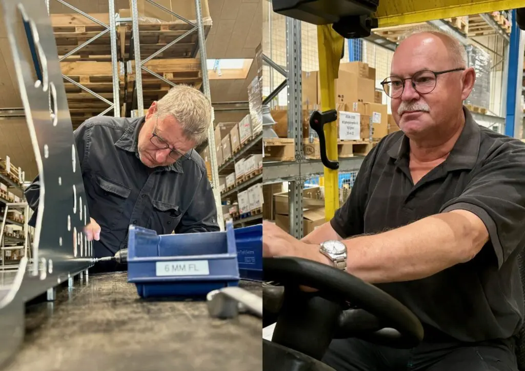 Per Leth assembling poultry equipment and Poul Erik operating a forklift at the LANDMECO warehouse in Ølgod, Denmark.