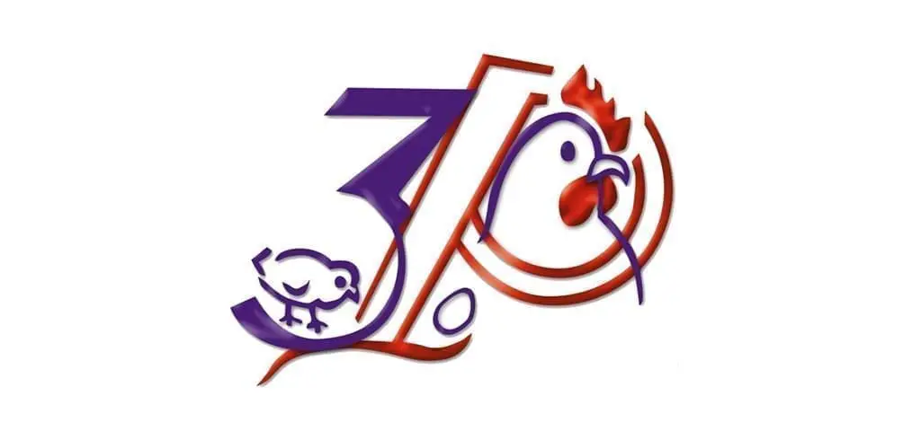 Stylized number 30 logo for LANDMECO featuring a chick, hen head, and egg in purple and red.