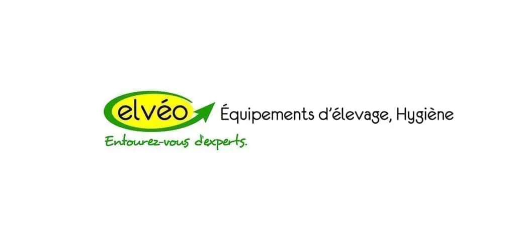 Elveo logo for livestock equipment and hygiene, a LANDMECO partner, featuring a green and yellow oval design.