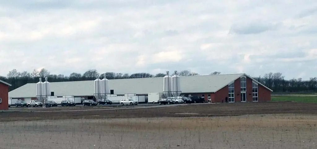 Industrial poultry house with white feed silos and office building, highlighting LANDMECO automated farming systems.