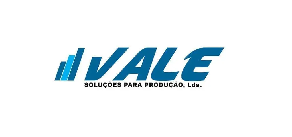 Blue logo for VALE Soluções Para Produção, Lda. featuring slanted bars and bold blue typography.
