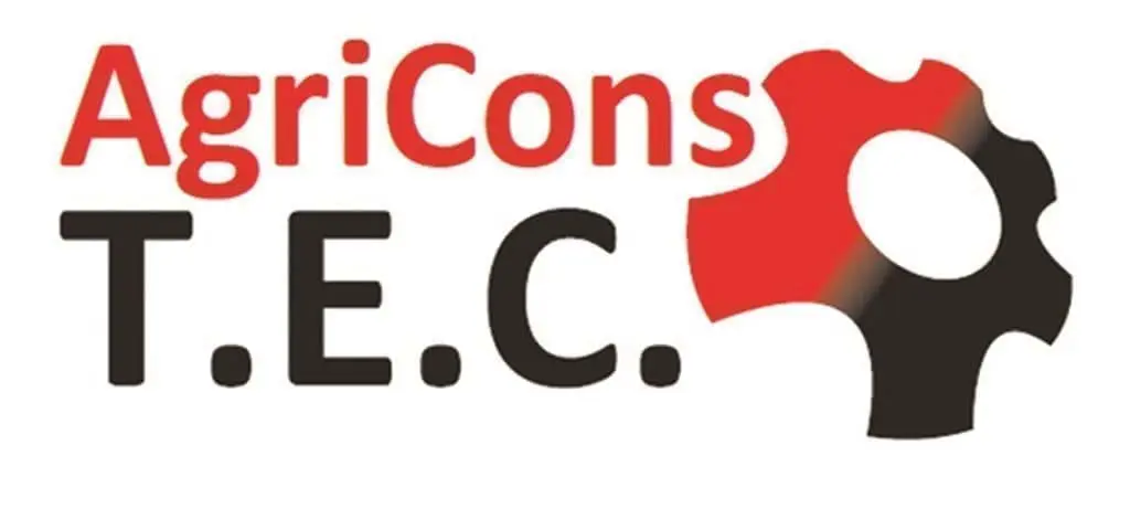AgriCons T.E.C. logo featuring a red and black gear icon next to the brand name in professional typography.