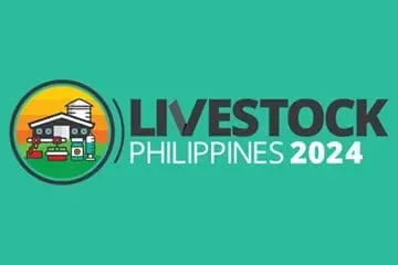 Livestock Philippines 2024 event logo with farm building and equipment illustration on a green background.