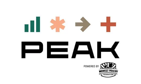 PEAK logo with icons and Midwest Poultry Federation branding. LANDMECO poultry equipment event participation.