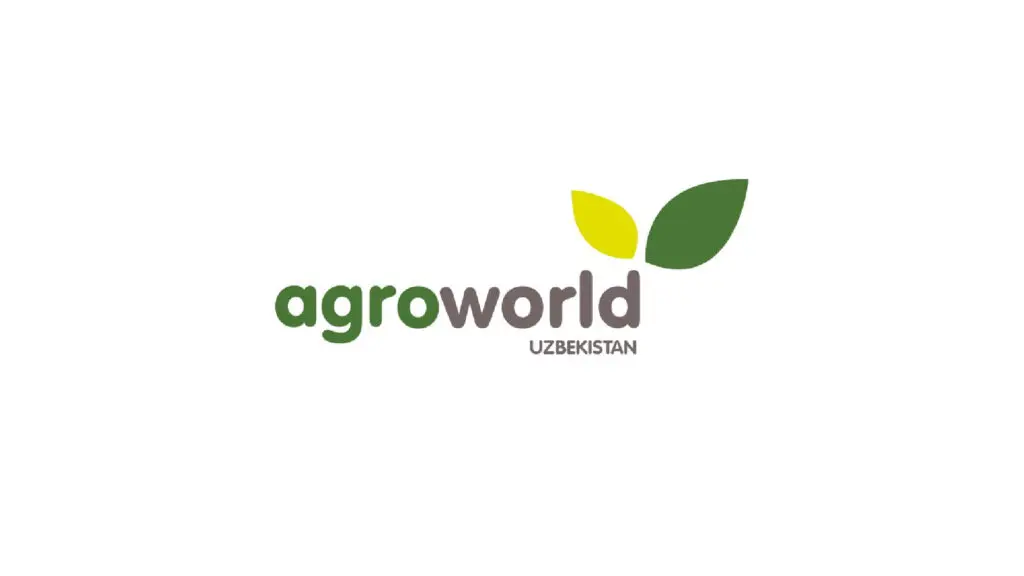Logo for AgroWorld Uzbekistan featuring green and yellow leaves and the text agroworld UZBEKISTAN.