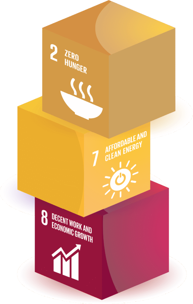 Infographic showing UN Sustainable Development Goals 2, 7, and 8 as part of LANDMECO's ESG commitment.