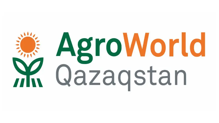 Logo for AgroWorld Qazaqstan featuring a sun and sprout icon, representing the 2025 agricultural exhibition in Almaty.