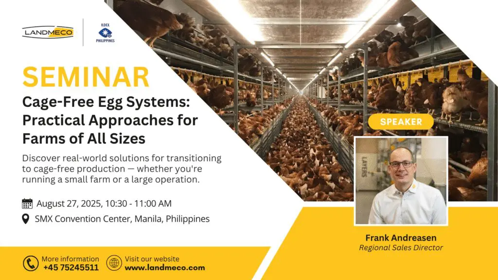 LANDMECO seminar poster: Cage-Free Egg Systems with Frank Andreasen at ILDEX Philippines 2025 in Manila.