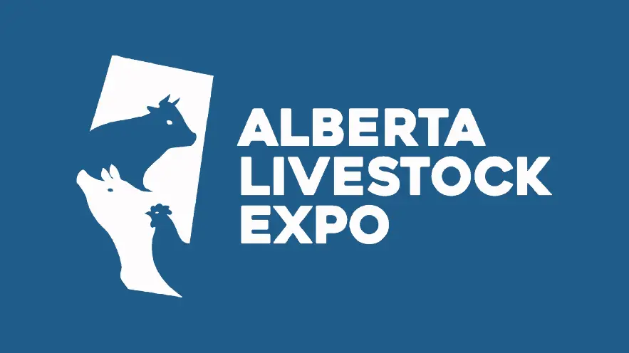 Alberta Livestock Expo logo featuring cow, pig, and chicken silhouettes on a blue background.
