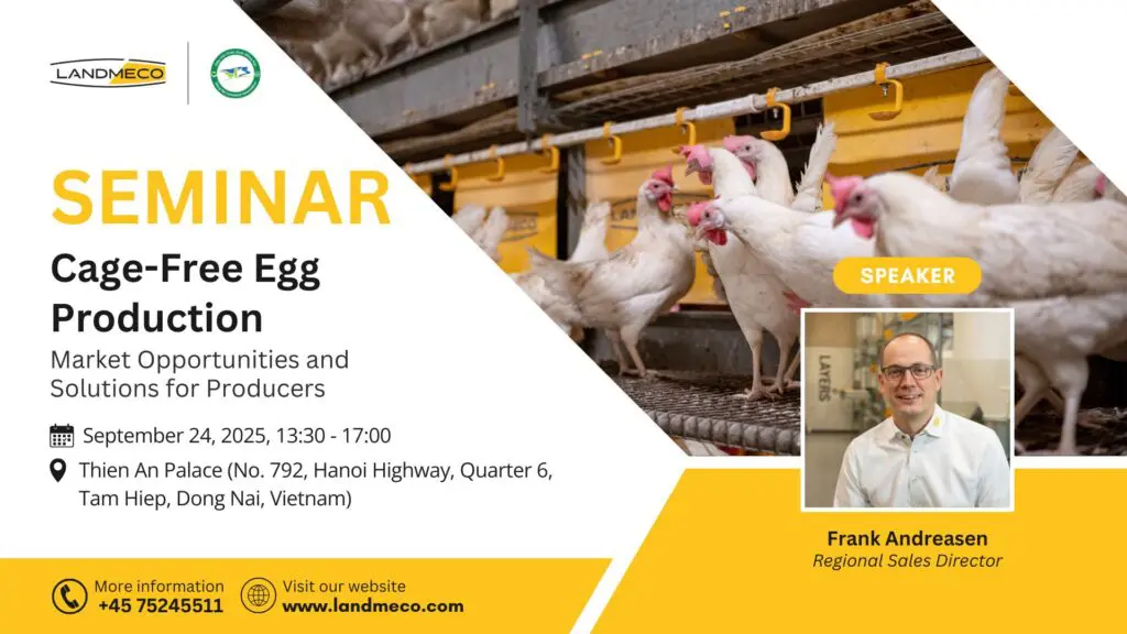 Seminar poster for cage-free egg production featuring Frank Andreasen and LANDMECO aviary systems for layer hens.