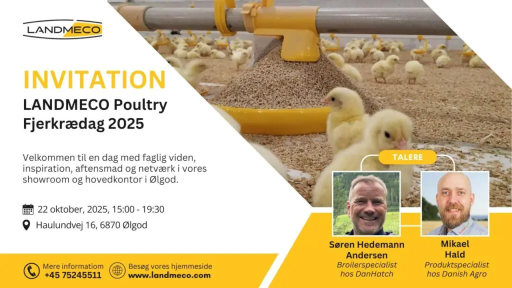 Invitation til LANDMECO Fjerkrædag 2025 med talere fra DanHatch og Danish Agro samt kyllinger ved foderautomat.