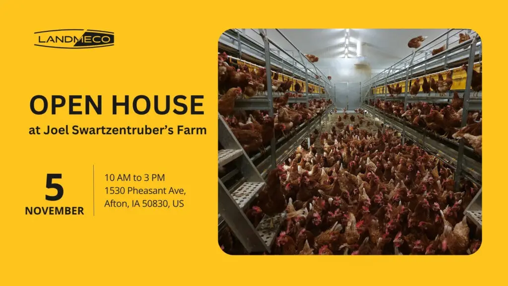 LANDMECO Open House poster showing a multi-tier aviary system for 50,000 layers at Joel Swartzentruber’s Farm in Iowa.