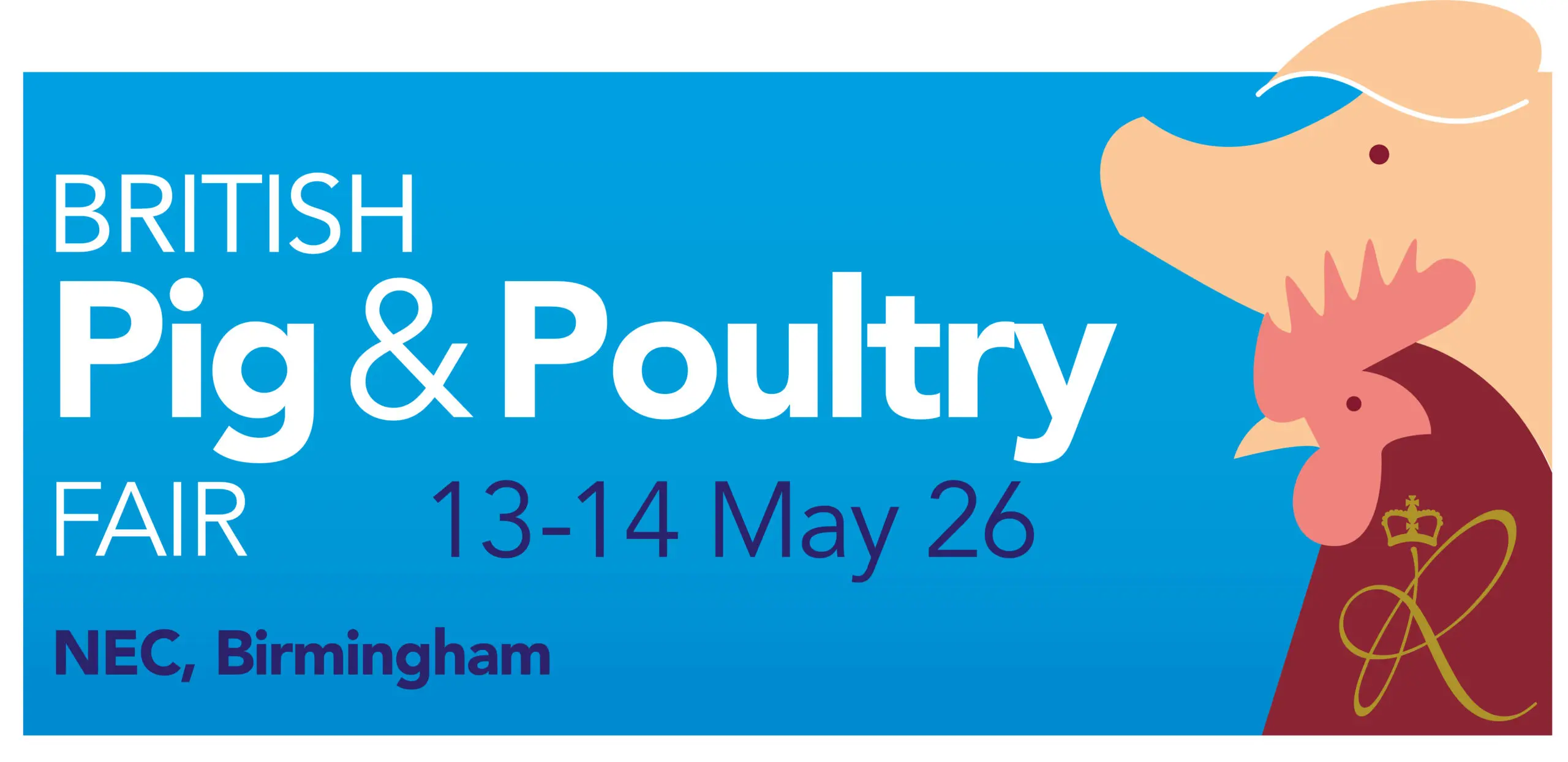 Banner for British Pig & Poultry Fair 2026, May 13-14 at NEC Birmingham, with pig and poultry illustrations.