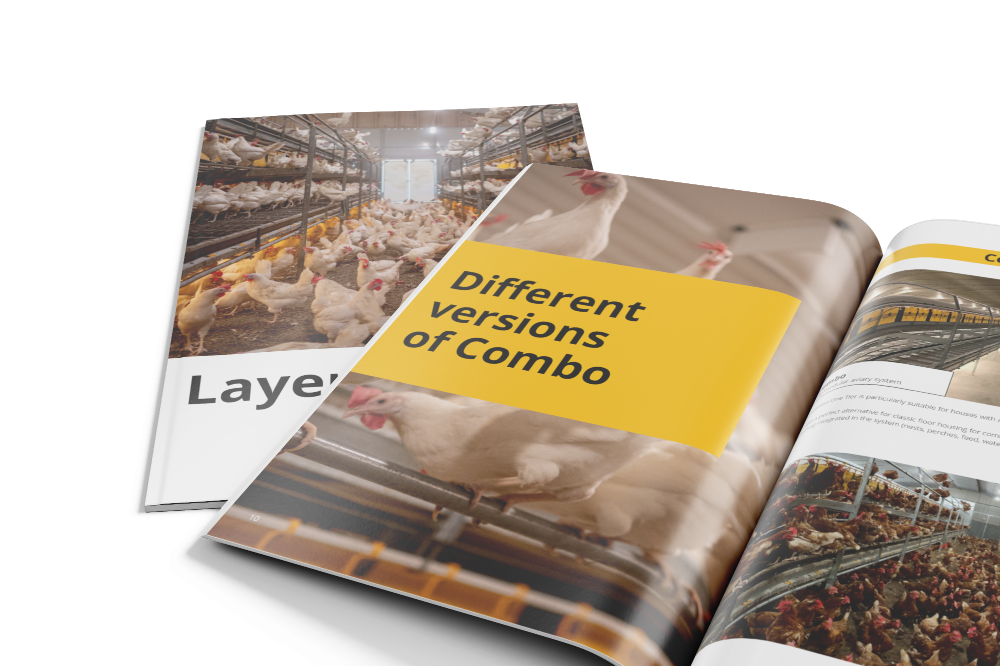 LANDMECO brochures featuring the Combo aviary system for cage-free egg production and layers.