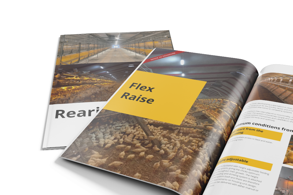 Brochures for LANDMECO Flex Raise poultry rearing systems and automated pullet housing equipment.