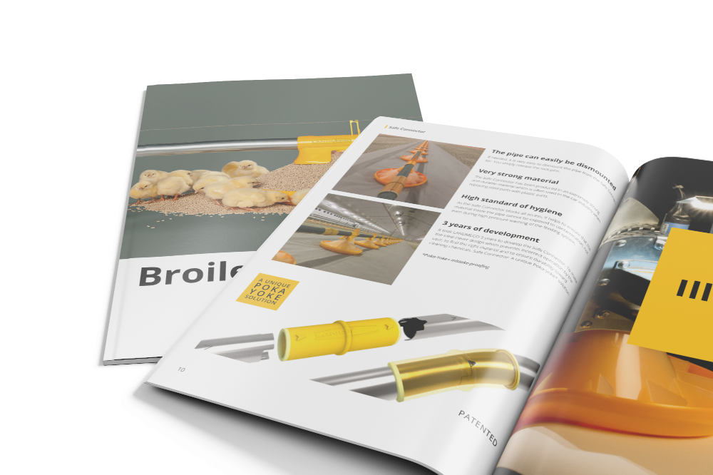 Open LANDMECO broiler brochures detailing the patented Safe Connector and Poka-Yoke feeding system components.