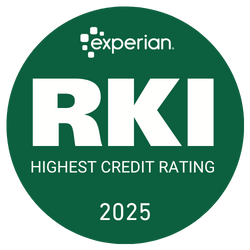 Grønt Experian RKI logo for LANDMECO med teksten Highest Credit Rating 2025.