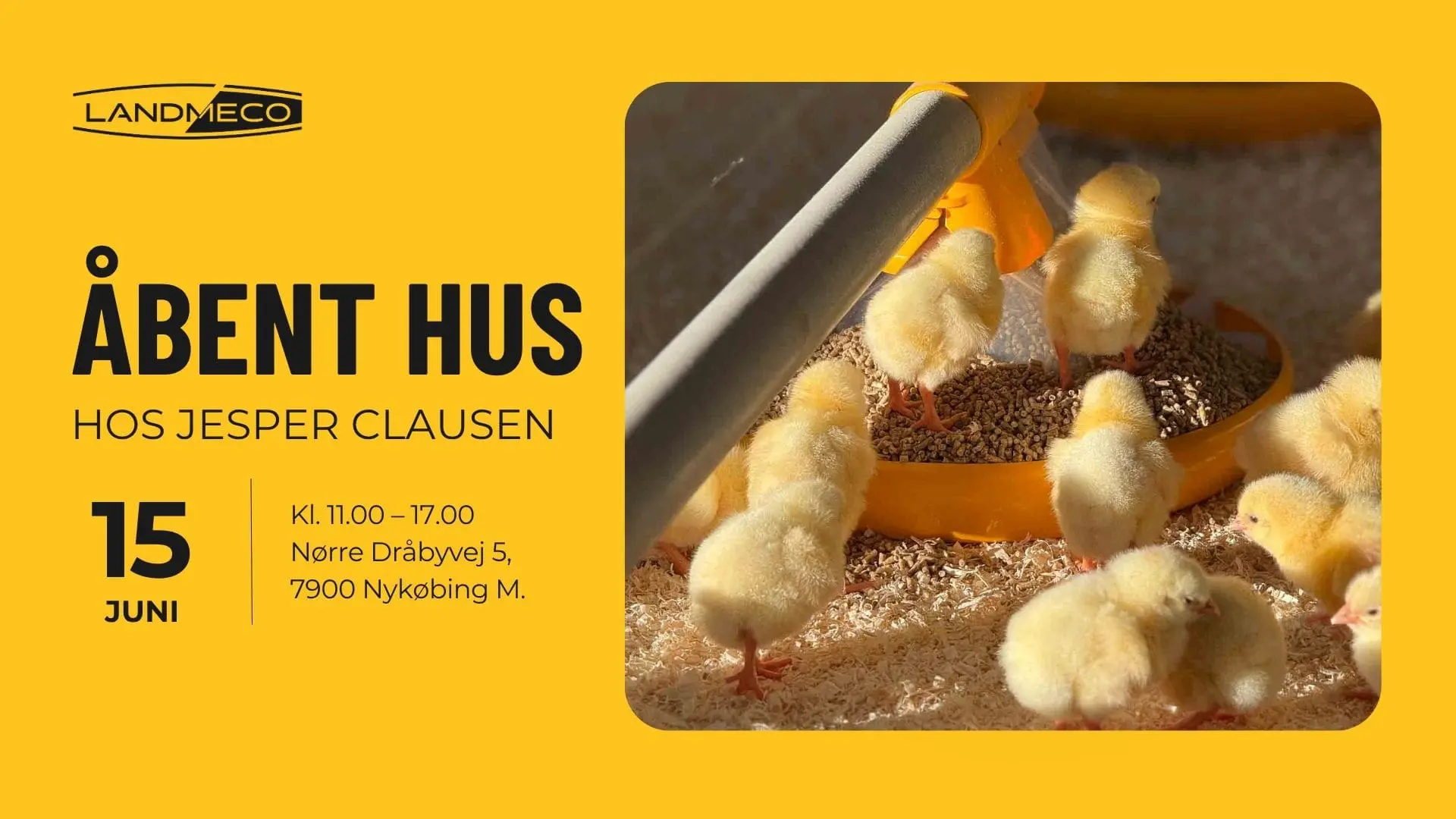 Invitation til åbent hus hos Jesper Clausen med et billede af små gule kyllinger ved en LANDMECO foderautomat.