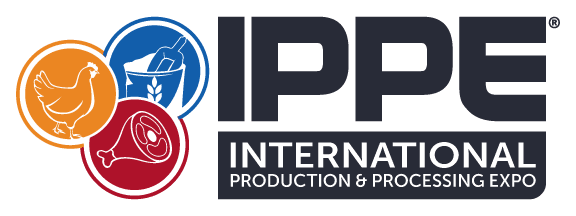 Official logo of the IPPE International Production & Processing Expo, featuring circular icons of a chicken, animal feed, and a meat cut next to the IPPE acronym.