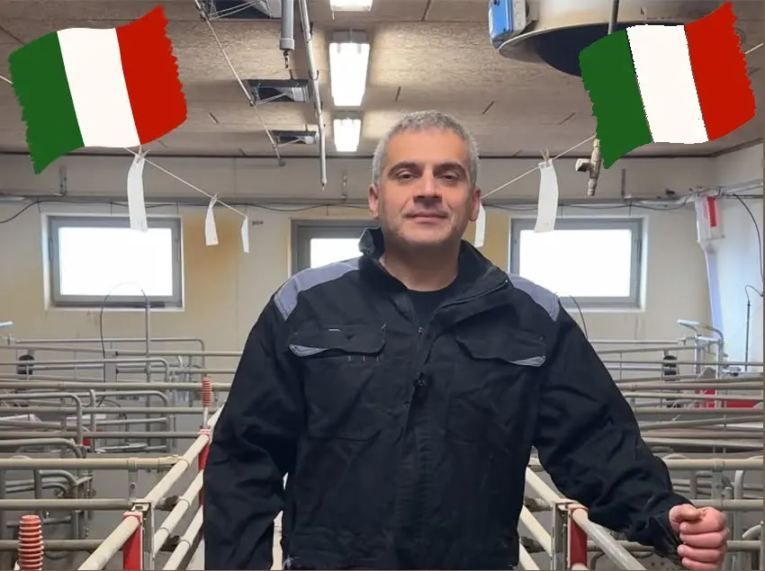 Francesco Cea standing in a poultry farm facility with Italian flags overlaid, representing LANDMECO's expansion into the Italian market.