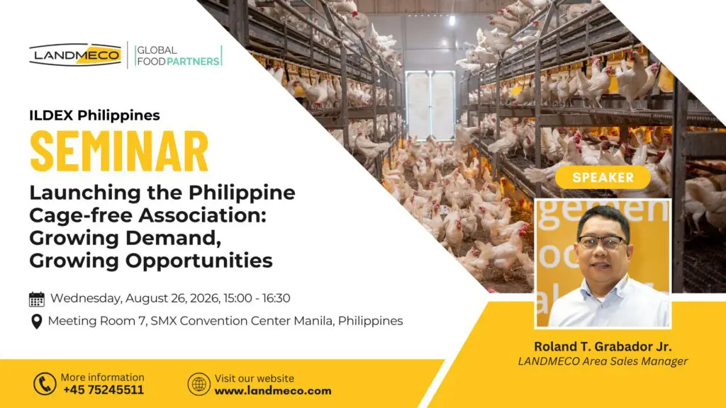 Promotional flyer for a seminar titled 'Launching the Philippine Cage-free Association: Growing Demand, Growing Opportunities' at ILDEX Philippines 2026, featuring speaker Roland T. Grabador Jr. and an image of a cage-free poultry house.
