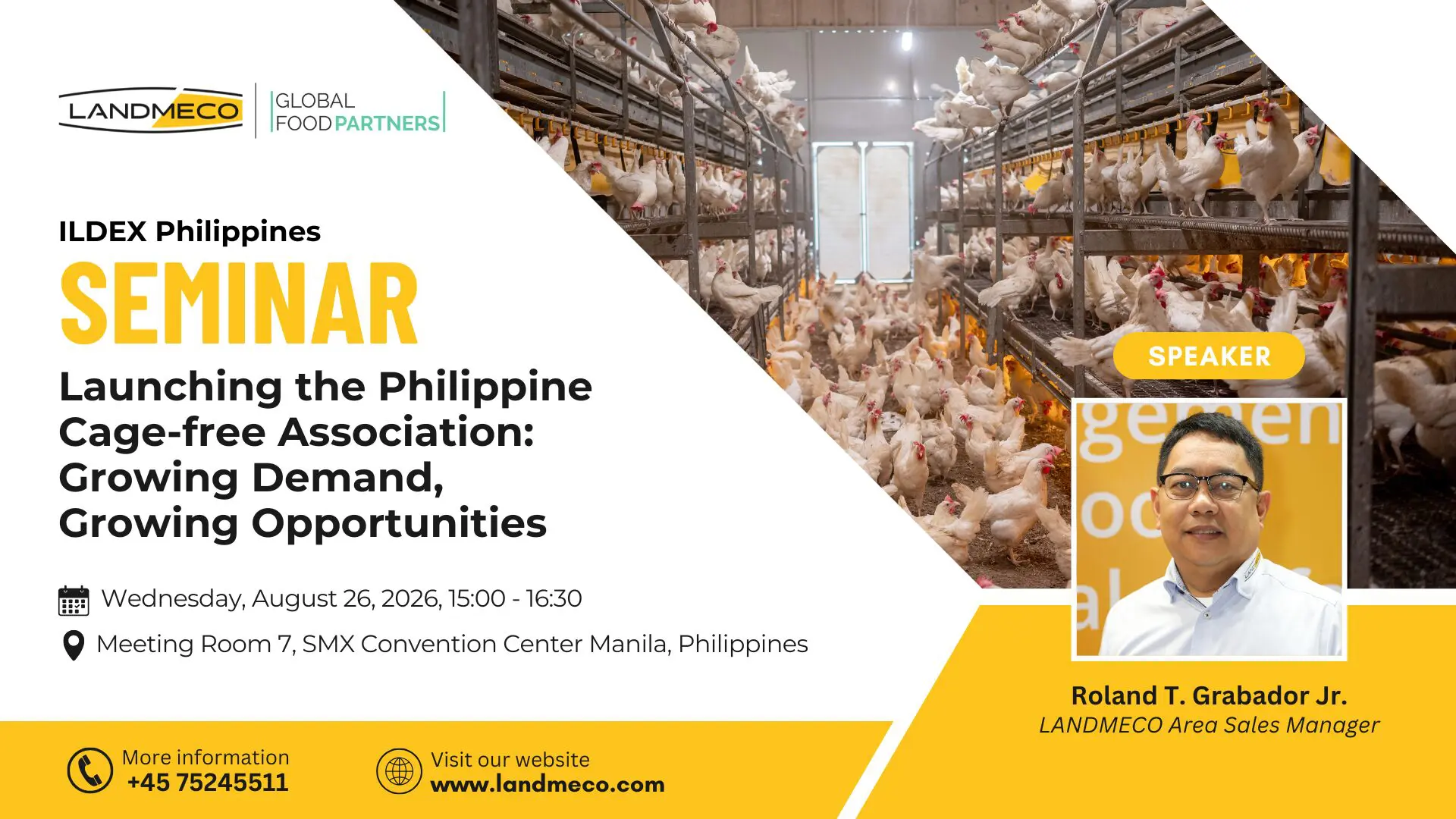 Promotional flyer for a seminar titled 'Launching the Philippine Cage-free Association: Growing Demand, Growing Opportunities' at ILDEX Philippines 2026, featuring speaker Roland T. Grabador Jr. and an image of a cage-free poultry house.