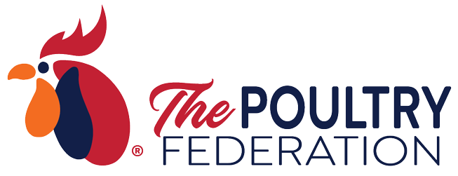 The Poultry Federation logo featuring a stylized rooster head with red, orange, and blue elements next to the organization's name.