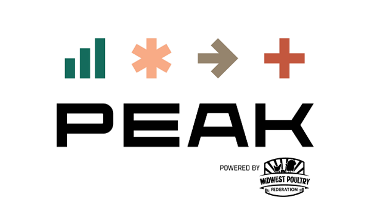 PEAK logo powered by Midwest Poultry Federation, featuring growth symbols for advanced poultry production systems.