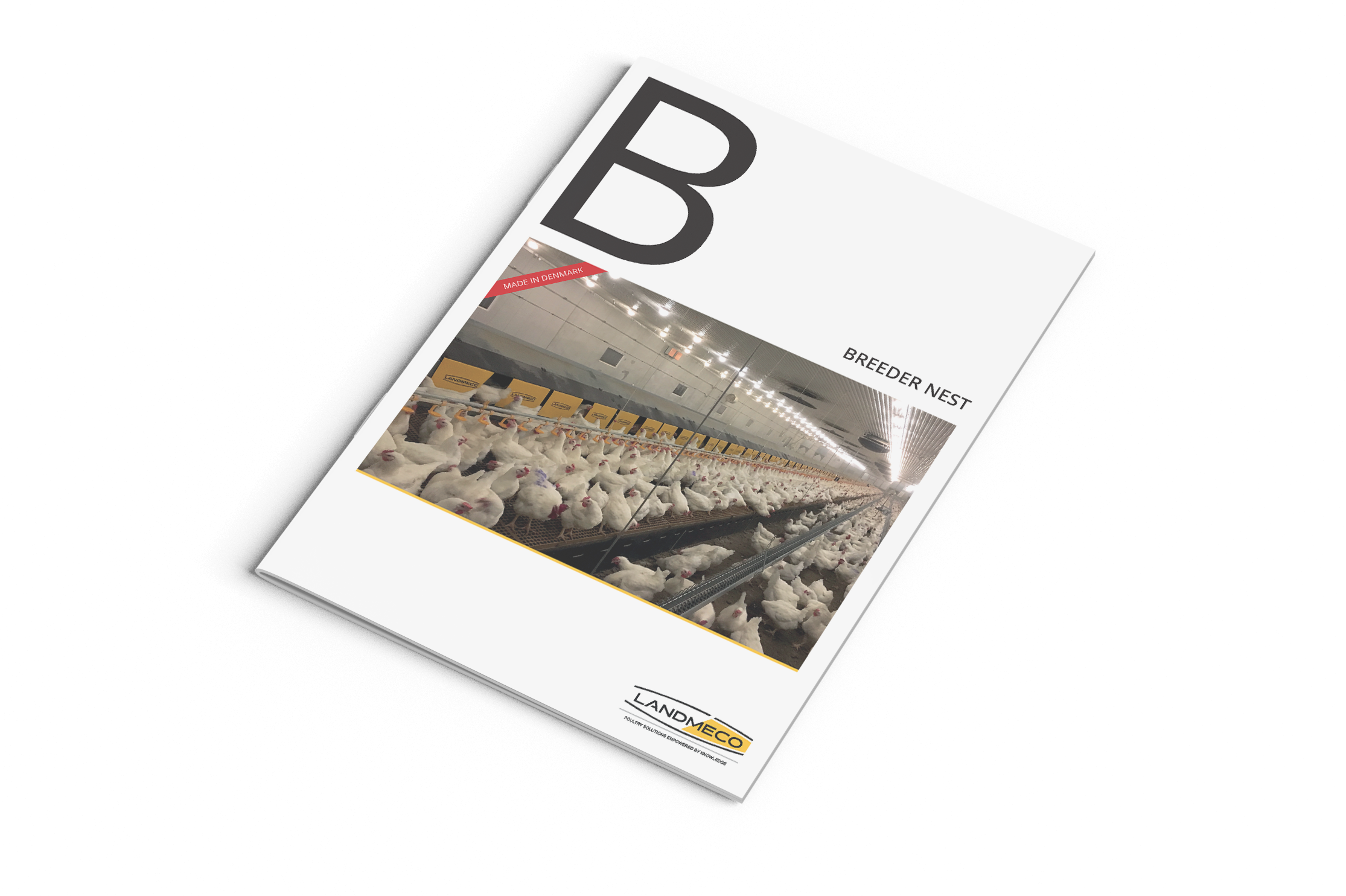 Brochure for LANDMECO rede til forældredyr med hvide høner i et centraliseret redesystem.