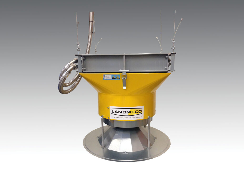 LANDMECO automatic pan feeding system for poultry, yellow and grey, with feed lines and a wide distribution pan.
