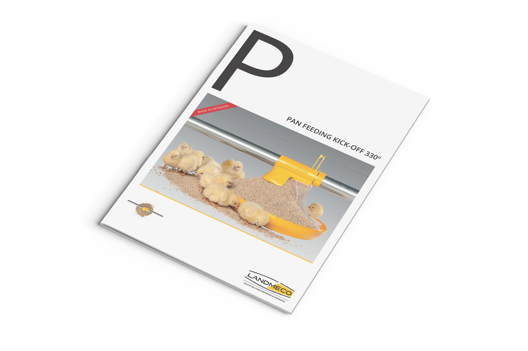 LANDMECO Pan Feeding Kick-off 330 brochure showing chicks eating from a yellow automated feeder pan with feed overflow.