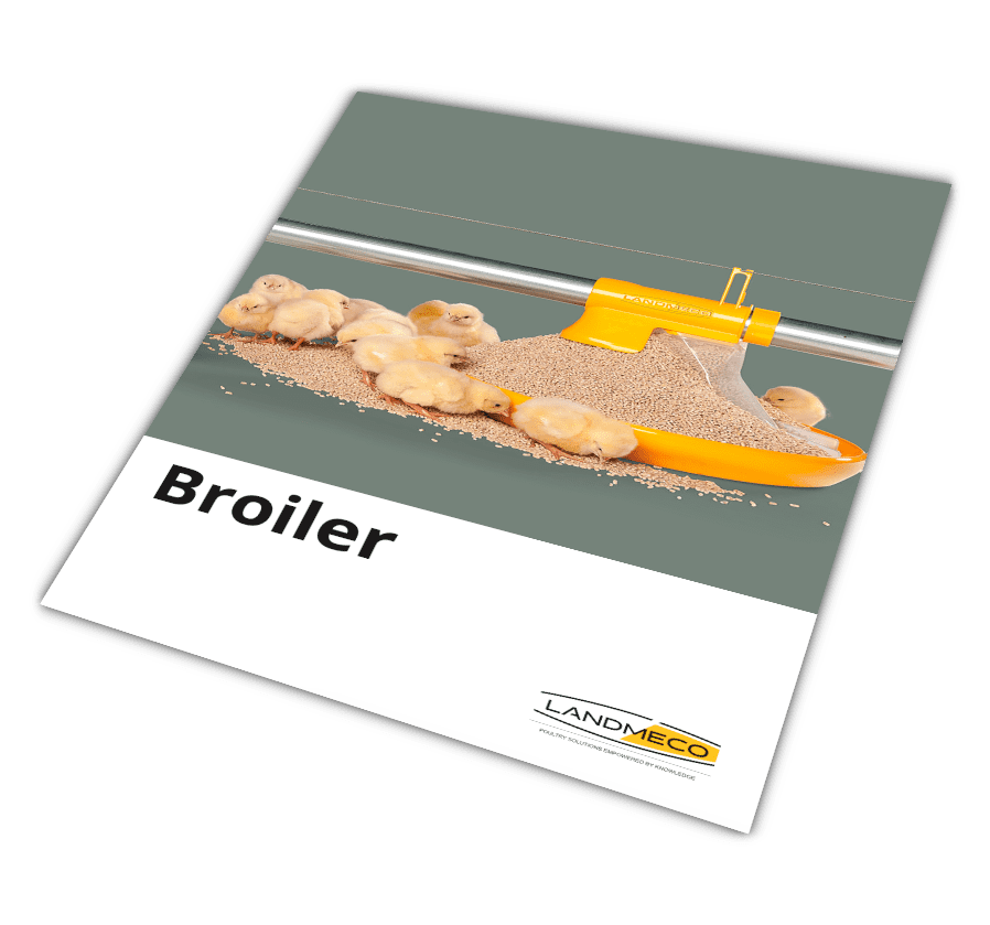 Chicks feeding from a LANDMECO Kick-off pan feeding system on a Broiler equipment brochure cover.