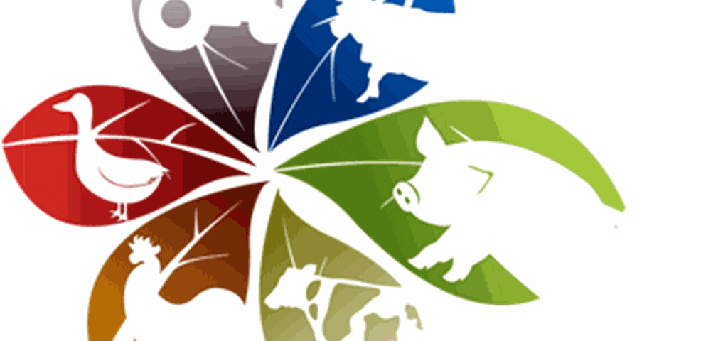 LANDMECO agricultural logo featuring animal silhouettes like poultry, livestock, and a tractor in a leaf pattern.