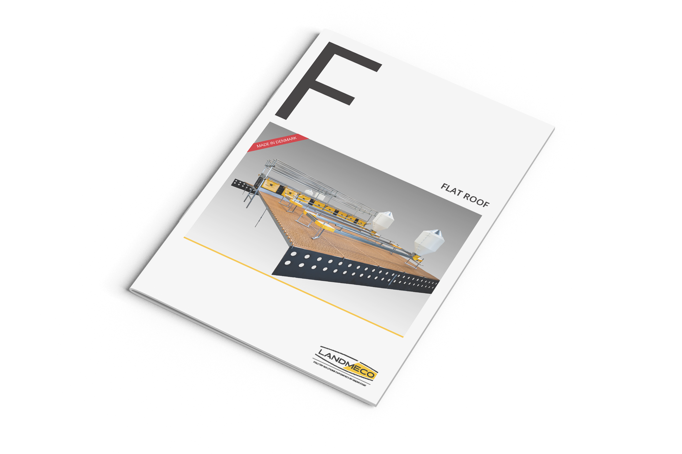 LANDMECO Flat Roof brochure featuring a technical rendering of a poultry nesting system with integrated perches.