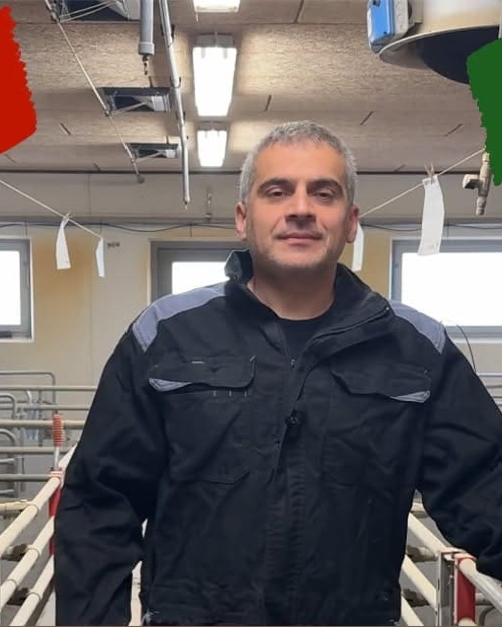 Francesco Cea standing in a poultry farm facility with Italian flags overlaid, representing LANDMECO's expansion into the Italian market.