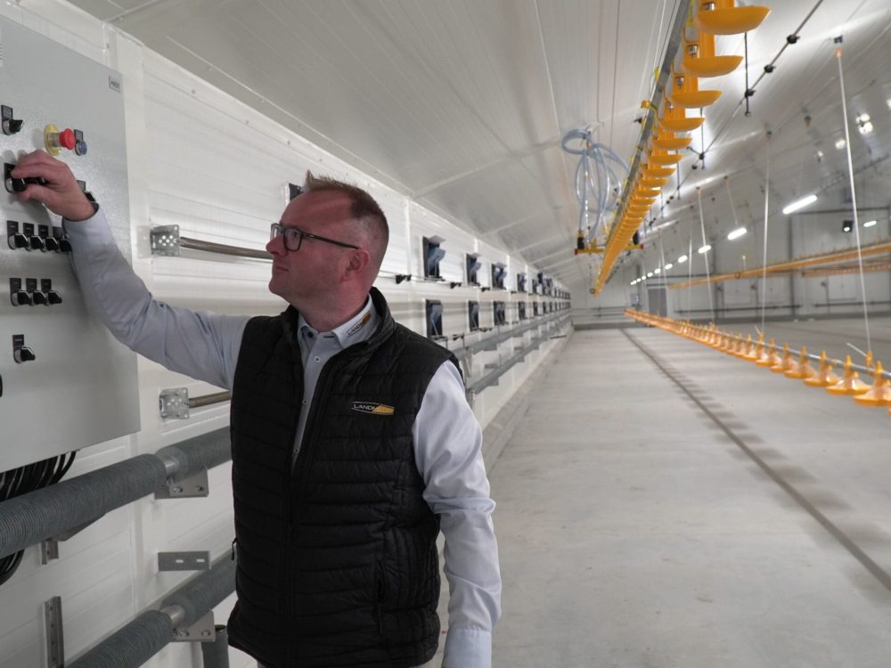 Morten Jakobsen fra LANDMECO ved kontrolpanel i en moderne slagtekyllingestald med gult fodringssystem.
