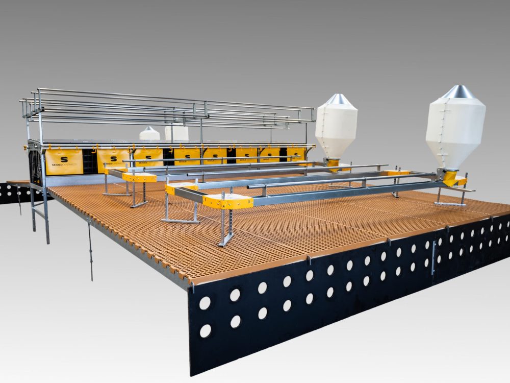 LANDMECO Flat Roof layer system featuring slatted floors, white feed hoppers, and perches for egg production efficiency.