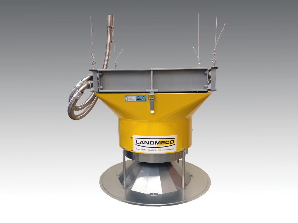 LANDMECO automatic pan feeding system for poultry, yellow and grey, with feed lines and a wide distribution pan.