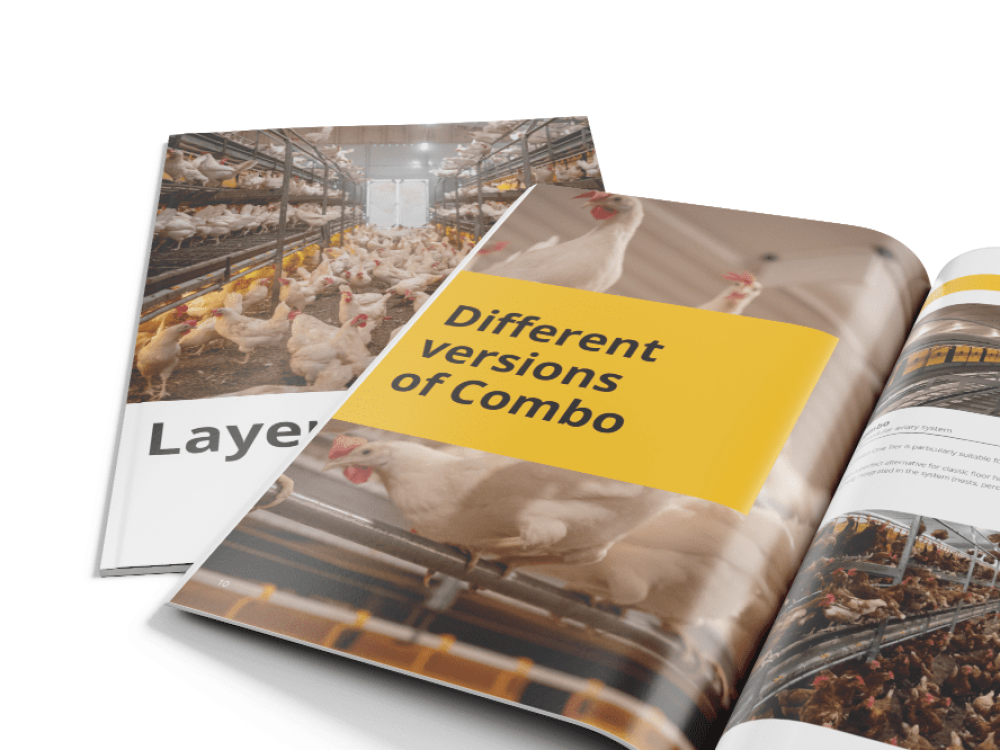 LANDMECO brochures featuring the Combo aviary system for cage-free egg production and layers.