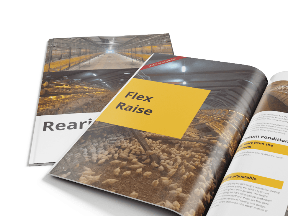 Brochures for LANDMECO Flex Raise poultry rearing systems and automated pullet housing equipment.