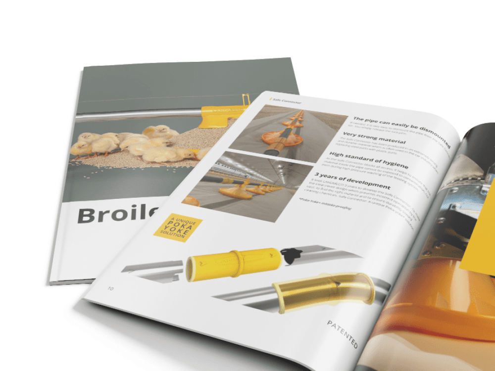 Open LANDMECO broiler brochures detailing the patented Safe Connector and Poka-Yoke feeding system components.