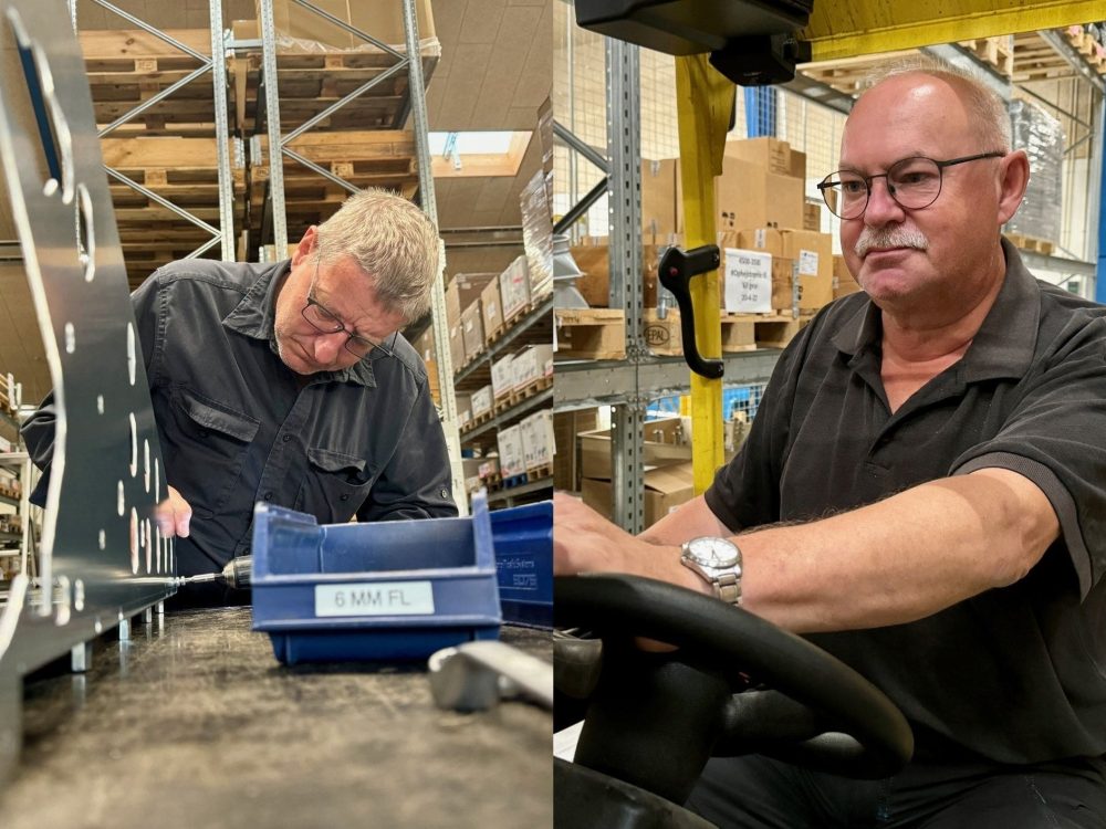 Per Leth assembling poultry equipment and Poul Erik operating a forklift at the LANDMECO warehouse in Ølgod, Denmark.
