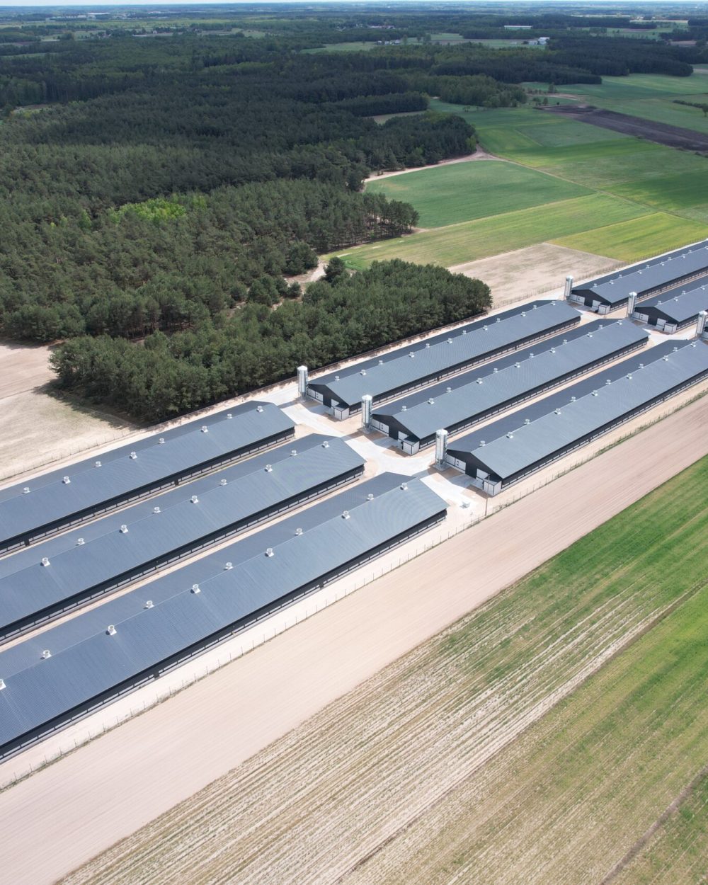 Aerial view of nine modern broiler poultry houses by LANDMECO in Żuromin, Poland, surrounded by farmland and forests.