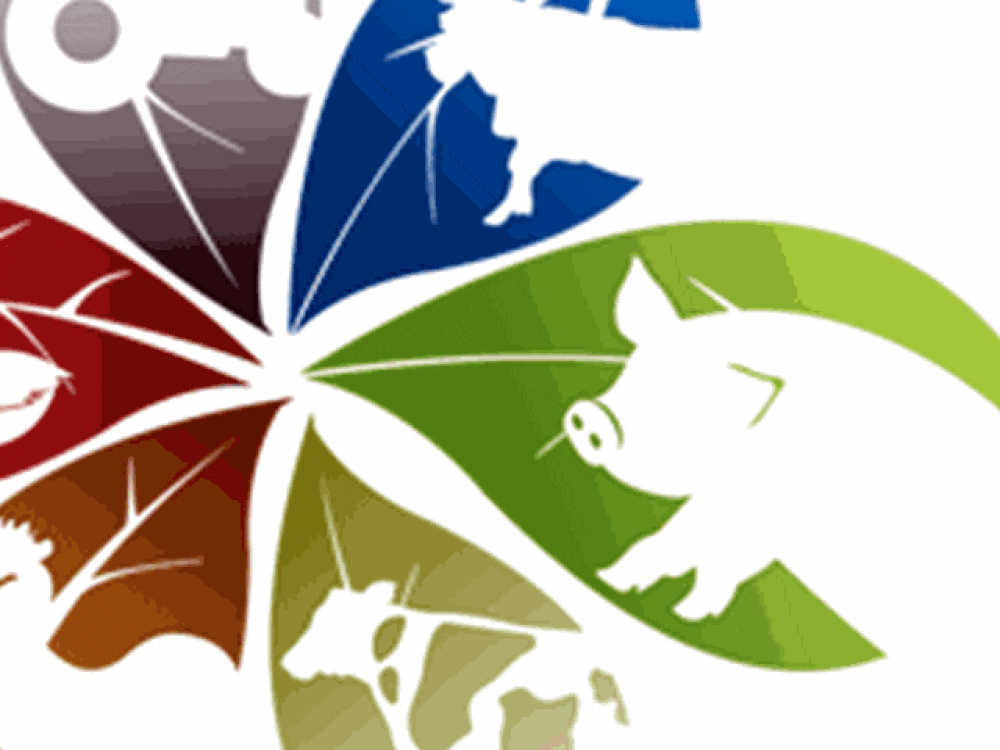 LANDMECO agricultural logo featuring animal silhouettes like poultry, livestock, and a tractor in a leaf pattern.