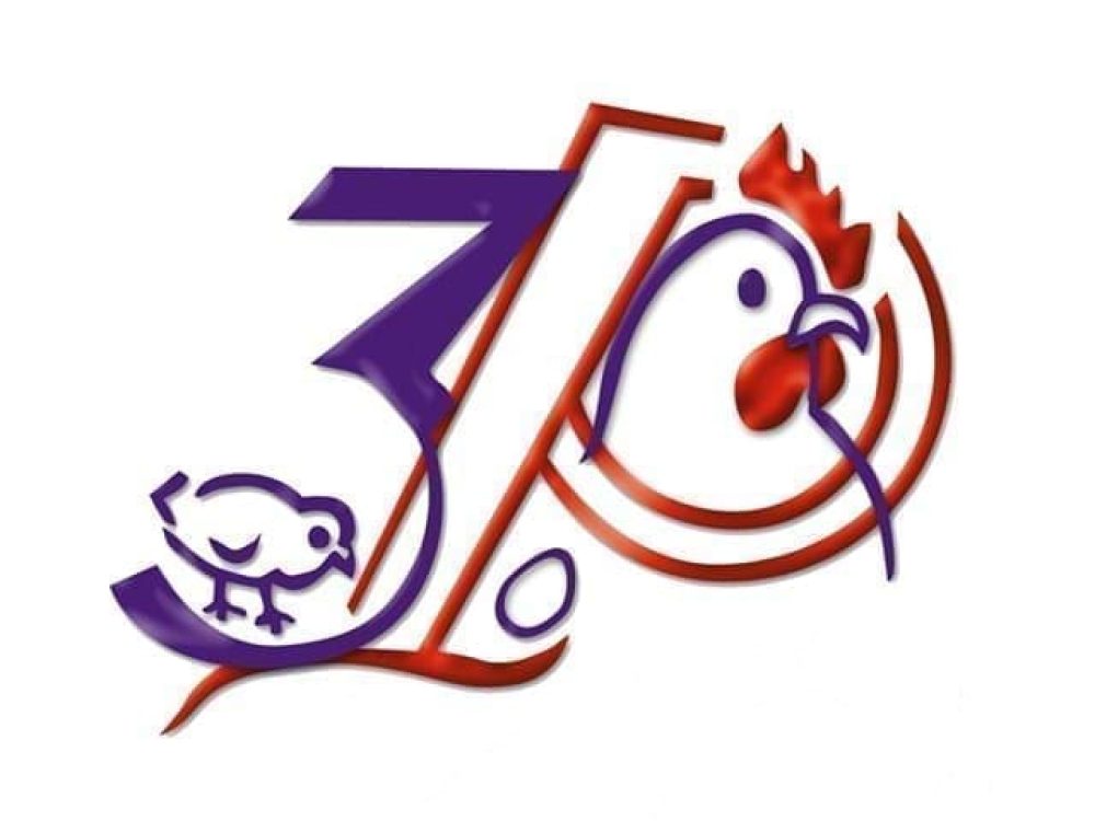 Stylized number 30 logo for LANDMECO featuring a chick, hen head, and egg in purple and red.